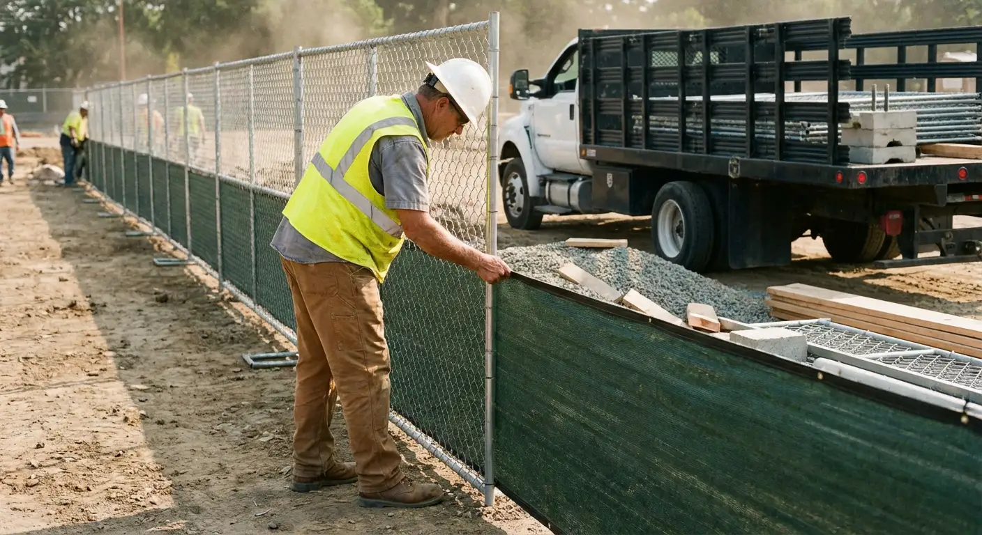 Privacy windscreen installation on construction fence in Madera, CA